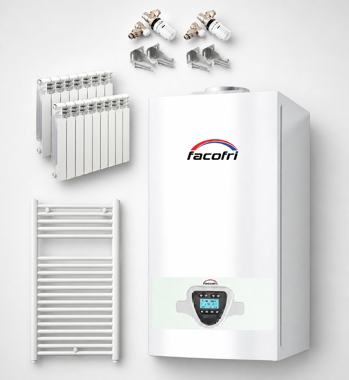 Une chaudière Facofri 24kw+ 5 radiateur 8 éléments + sèche linge +6 robinets + 5support de fixation